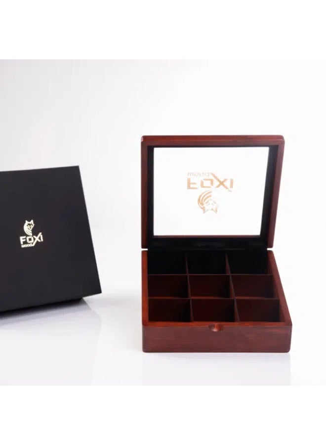 فوكسود علبة شاي خشبية فاخرة من فوكسي وود – 9 فتحات – بني محمر - Image 3